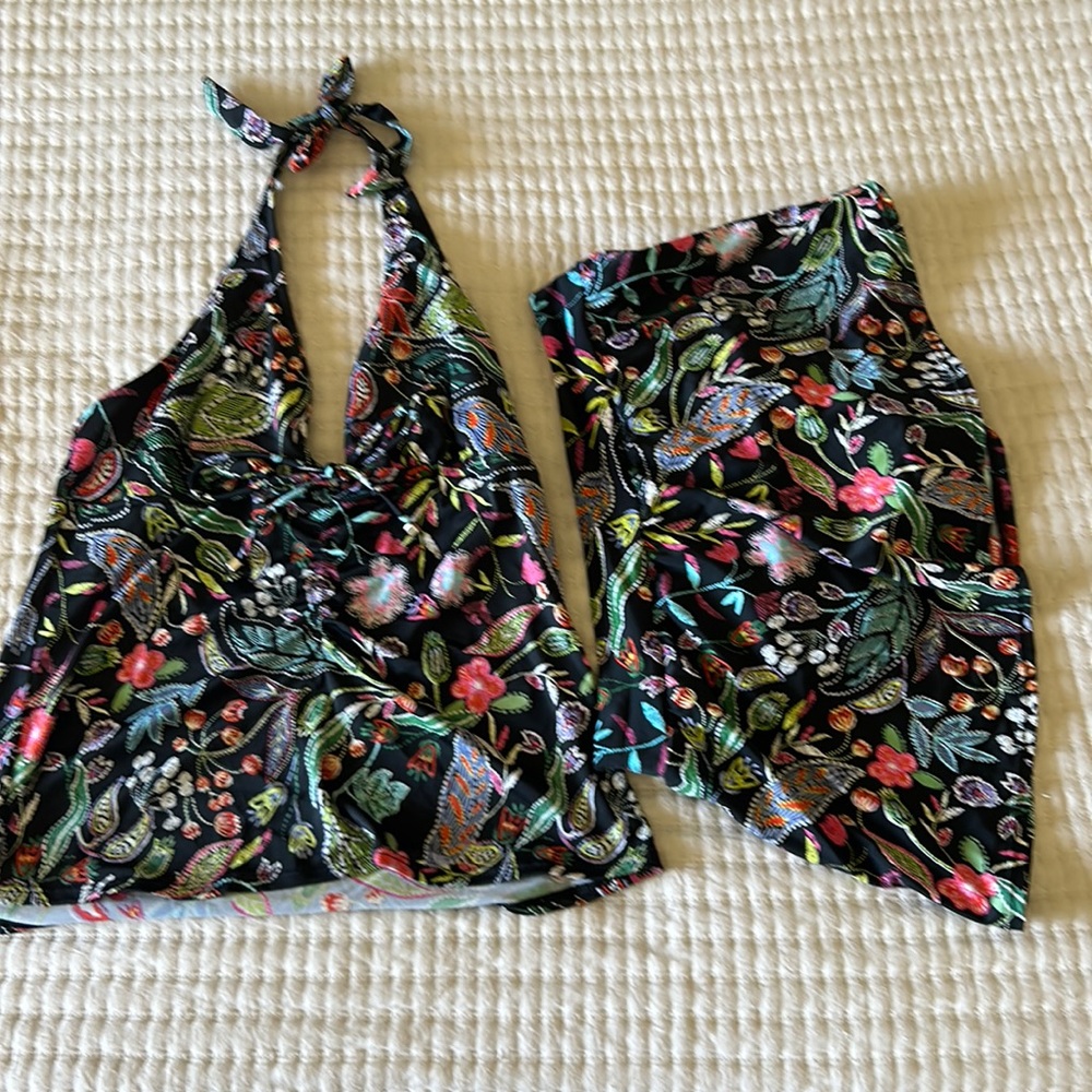 VENUS Black Floral Halter Tankini Top and Swim Skirt